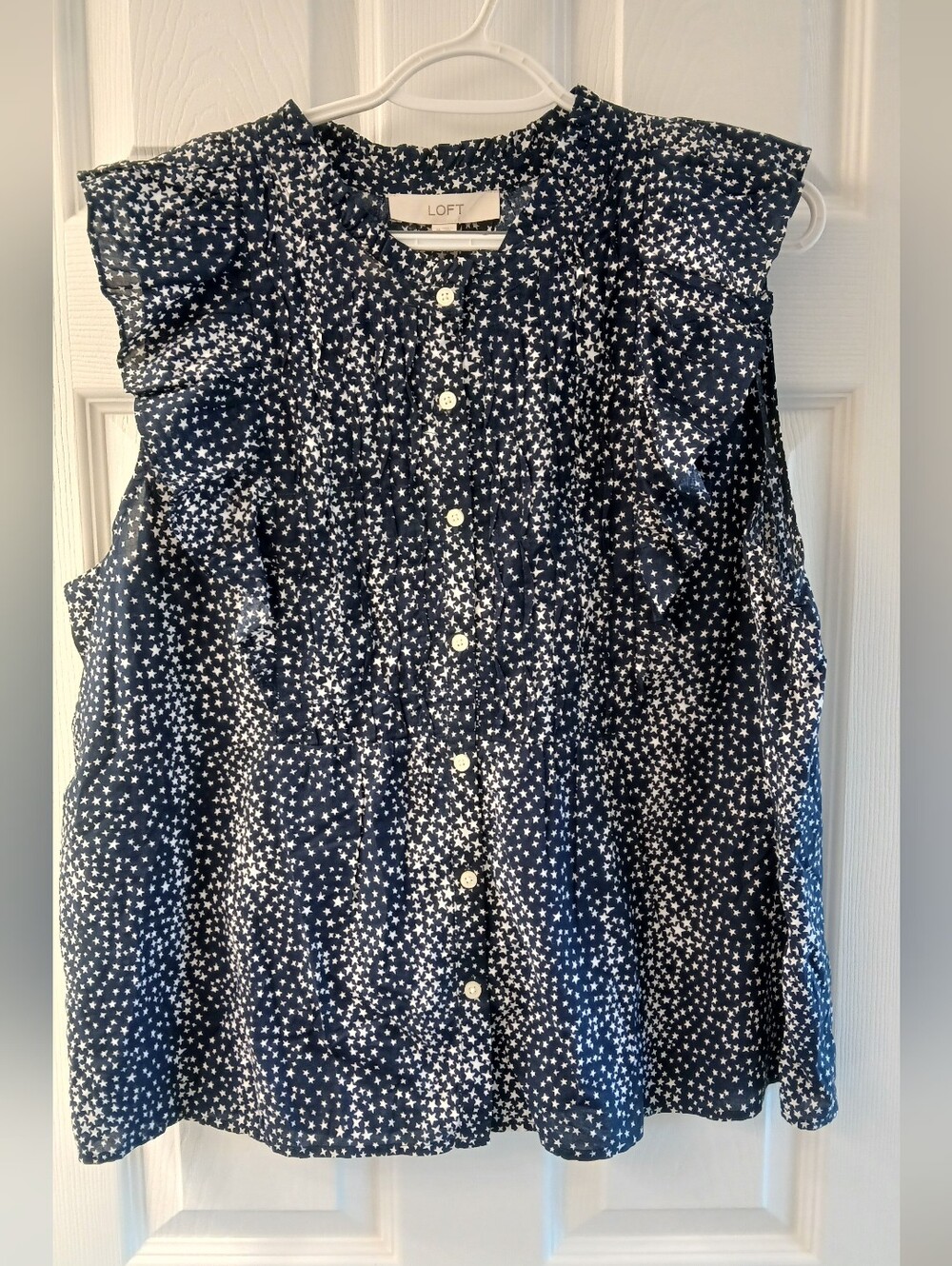 LOFT Sleeveless Ruffle Blouse Navy White Star Print XL NWT 100% Cotton